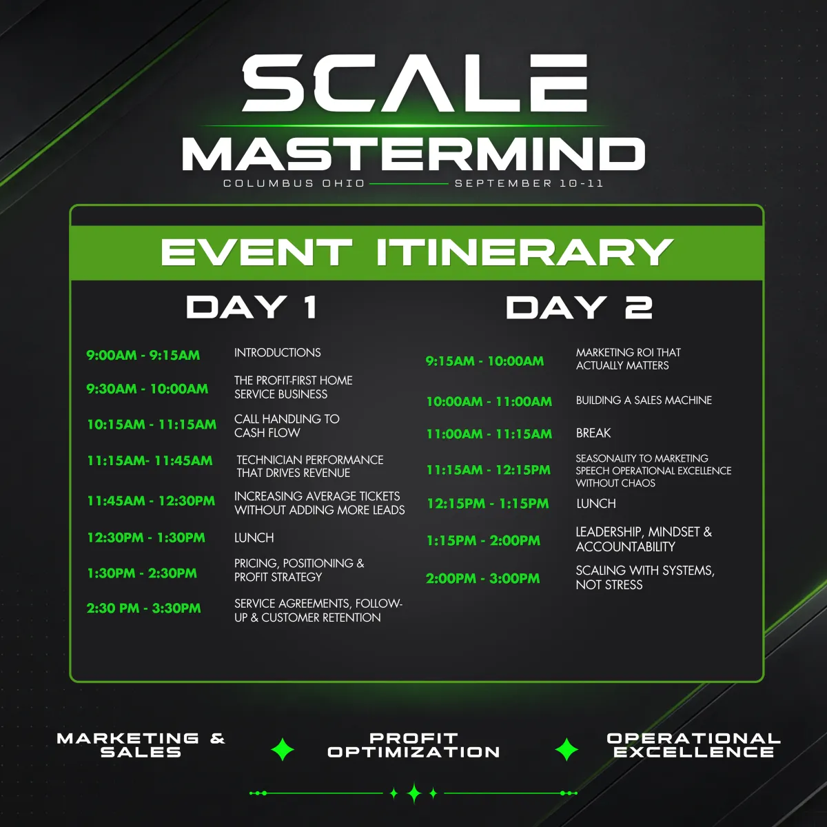 SCALE Mastermind event itinerary for September 10-11 in Columbus, Ohio